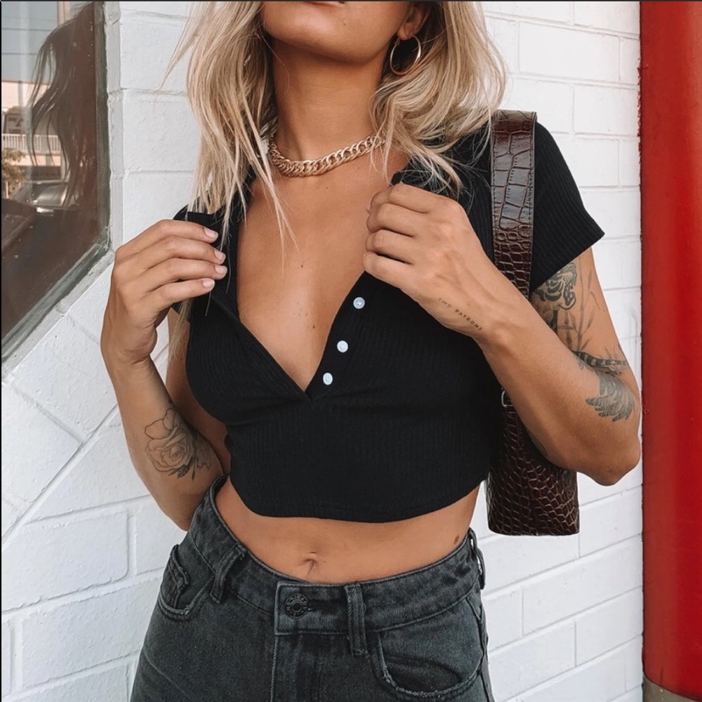 Princess Polly Lovers Thief Black Crop Top Button Down Ribbed Cotton